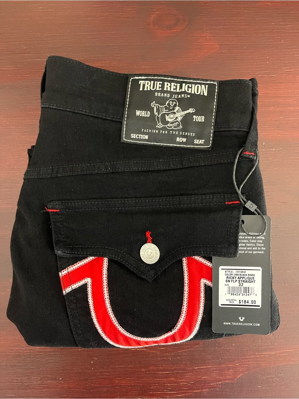 True Religion Ricky Applique SN Flap Straight “2SB Black Rinse” 32x30 #701564